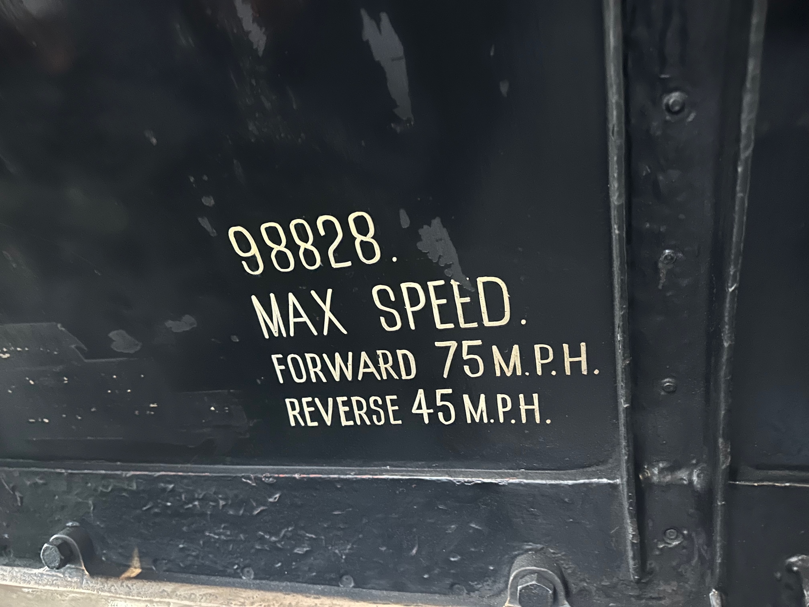 35028's TOPS number and maximum speed written on the cab roof above the fireman's seat.
