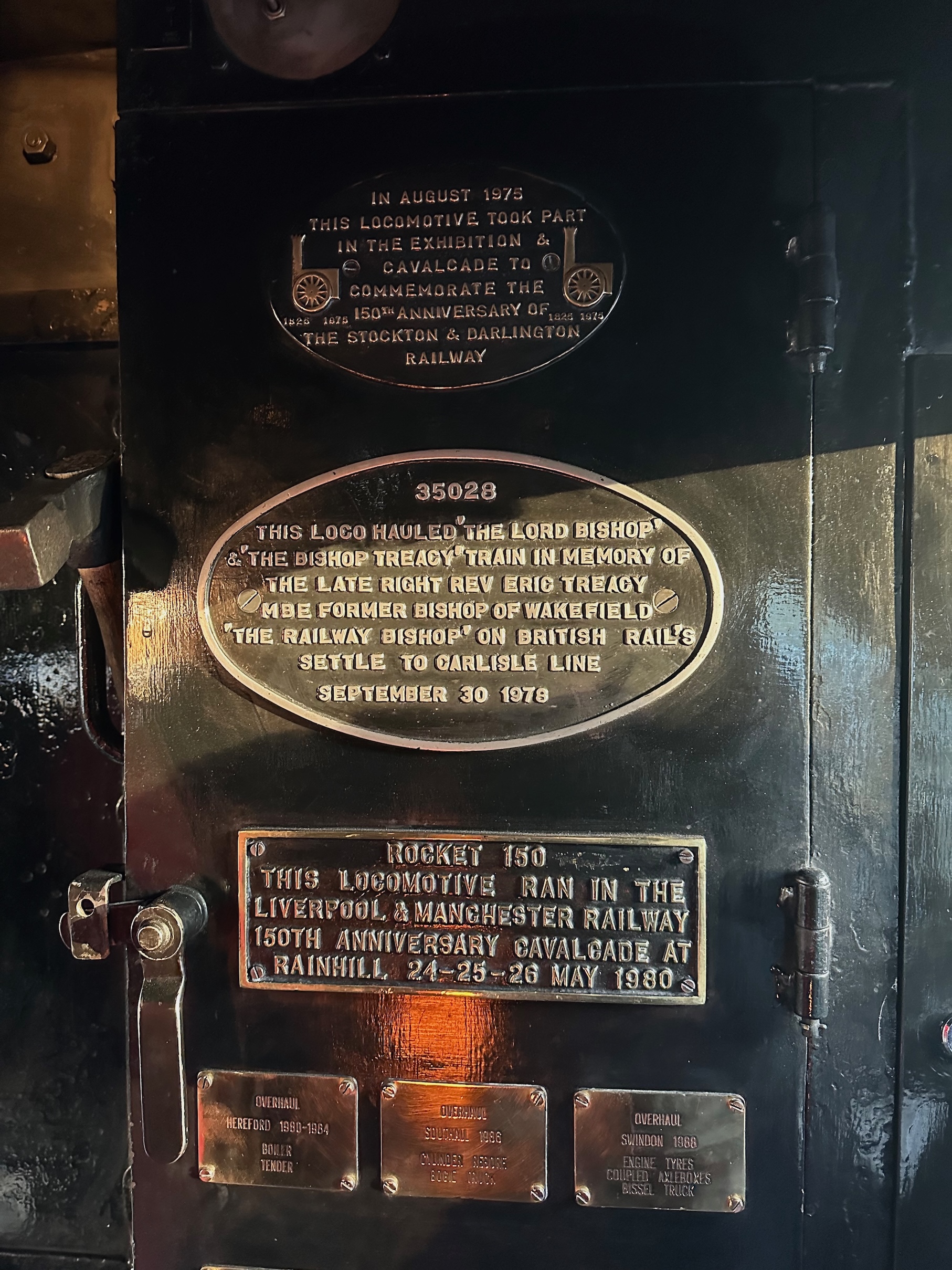 The plaques for events such as 150th anniversary of the Stockton to Darlington, Rocket 150 cavalcade and Eric Treacy memorial train.